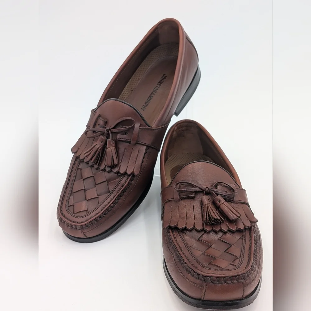 Johnston & Murphy Classic Woven Loafer Sz 12M Genuine Brown Leather With Tassels